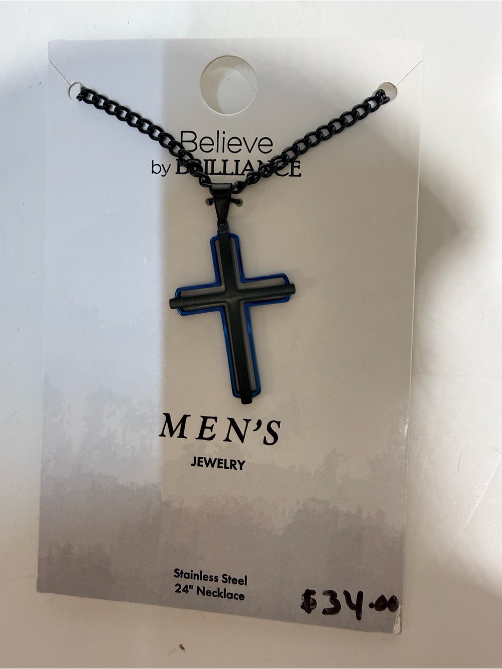 Men's Black Stainless Steel Cross Necklace with Blue Accent